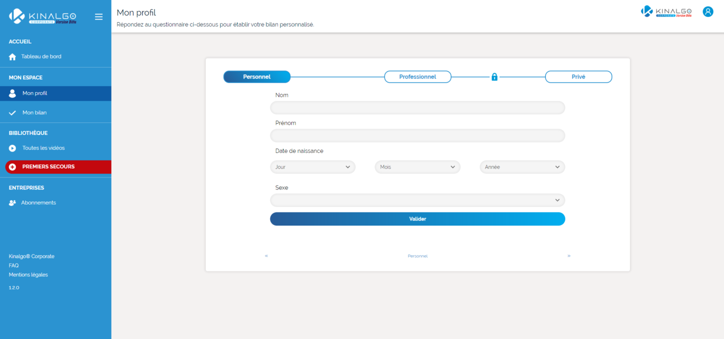 Kinalgo Corporate - Application screenshot Questionnaire Profil